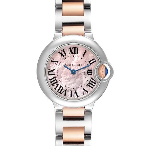 The image shows a Cartier Ballon Bleu W6920034 Women's Steel and Gold (two tone) Mother of Pearl Dial W6920034 Women's Steel and Gold (two tone) Mother of Pearl Dial watch from a front angle, highlighting its face, Roman numerals, and two-tone metal bracelet.