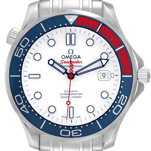 The image shows a frontal view of an Omega Seamaster 212.32.41.20.04.001 Men's Stainless Steel White Dial 212.32.41.20.04.001 Men's Stainless Steel White Dial watch featuring its face, bezel, and part of the stainless steel strap.