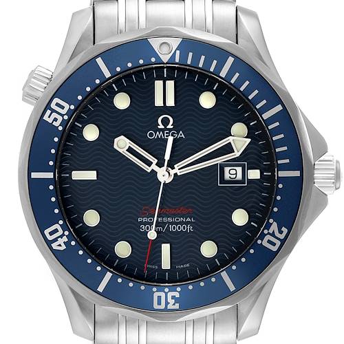 The image shows a front view of the Omega Seamaster 2221.80.00 Men's Stainless Steel Blue Dial 2221.80.00 Men's Stainless Steel Blue Dial watch, highlighting the dial, bezel, and part of the bracelet.