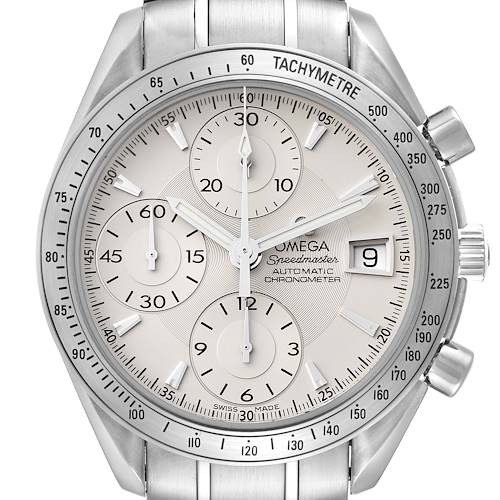 The image shows a front angle view of an Omega Speedmaster 3211.30.00 Men's Stainless Steel Silver Dial 3211.30.00 Men's Stainless Steel Silver Dial watch, highlighting the dial, chronograph sub-dials, date window, and tachymetre bezel.