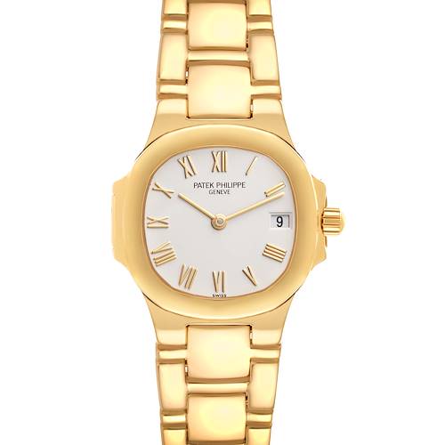 The image shows a Patek Philippe Nautilus 4700/051 Women's Yellow Gold White Dial 4700/051 Women's Yellow Gold White Dial watch from a front angle, highlighting the face, bracelet, and crown.