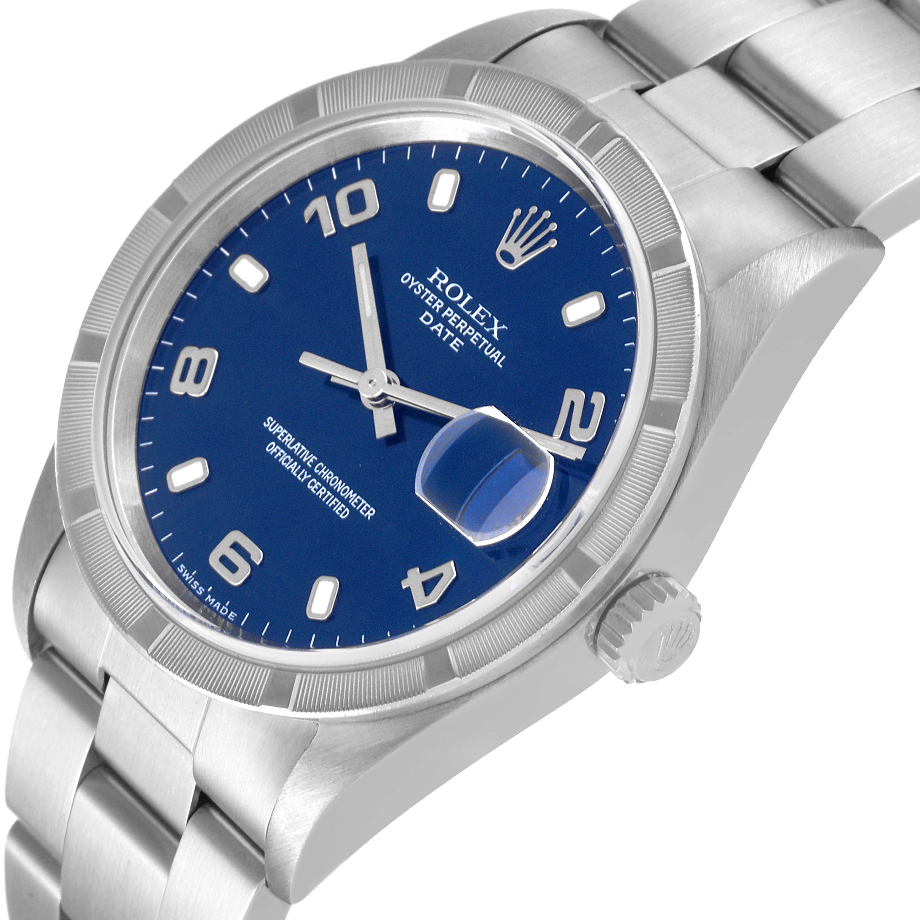 This image shows a side angle of the Rolex Date 15210 Men's Stainless Steel Blue Dial 15210 Men's Stainless Steel Blue Dial model watch, highlighting the dial, bezel, crown, and part of the bracelet.