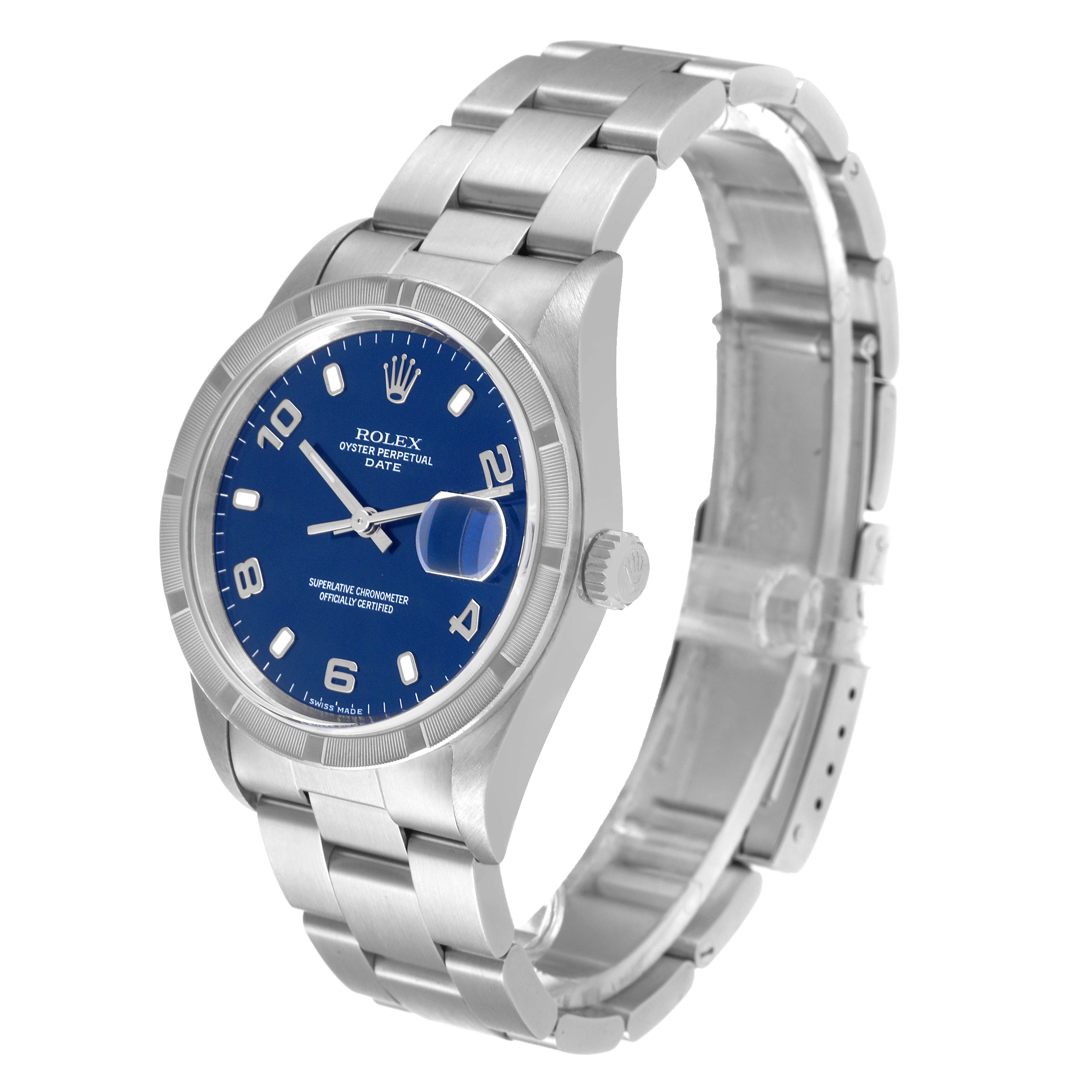 The image shows a Rolex Oyster Perpetual Date watch with a blue dial from an angled front view, highlighting the face and bracelet.