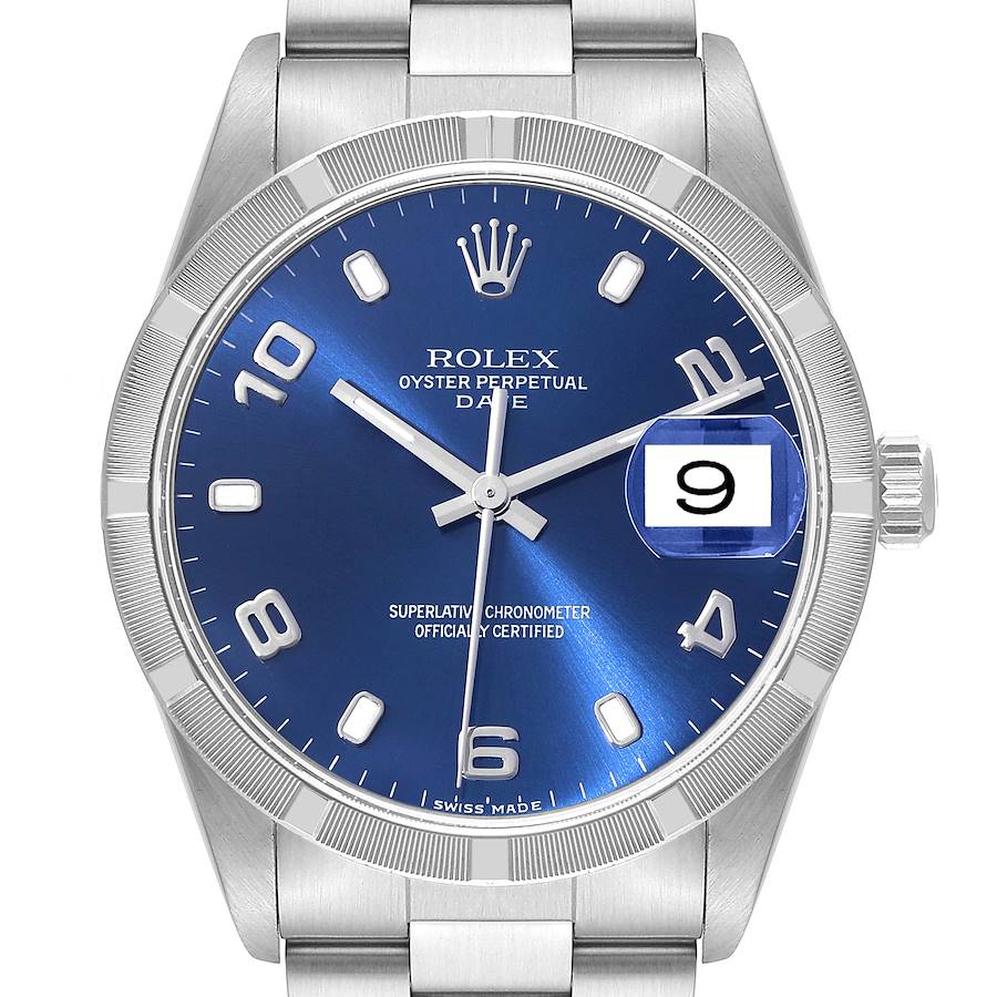 This image shows the Rolex Oyster Perpetual Date model watch from a front view, highlighting its blue dial and date window.