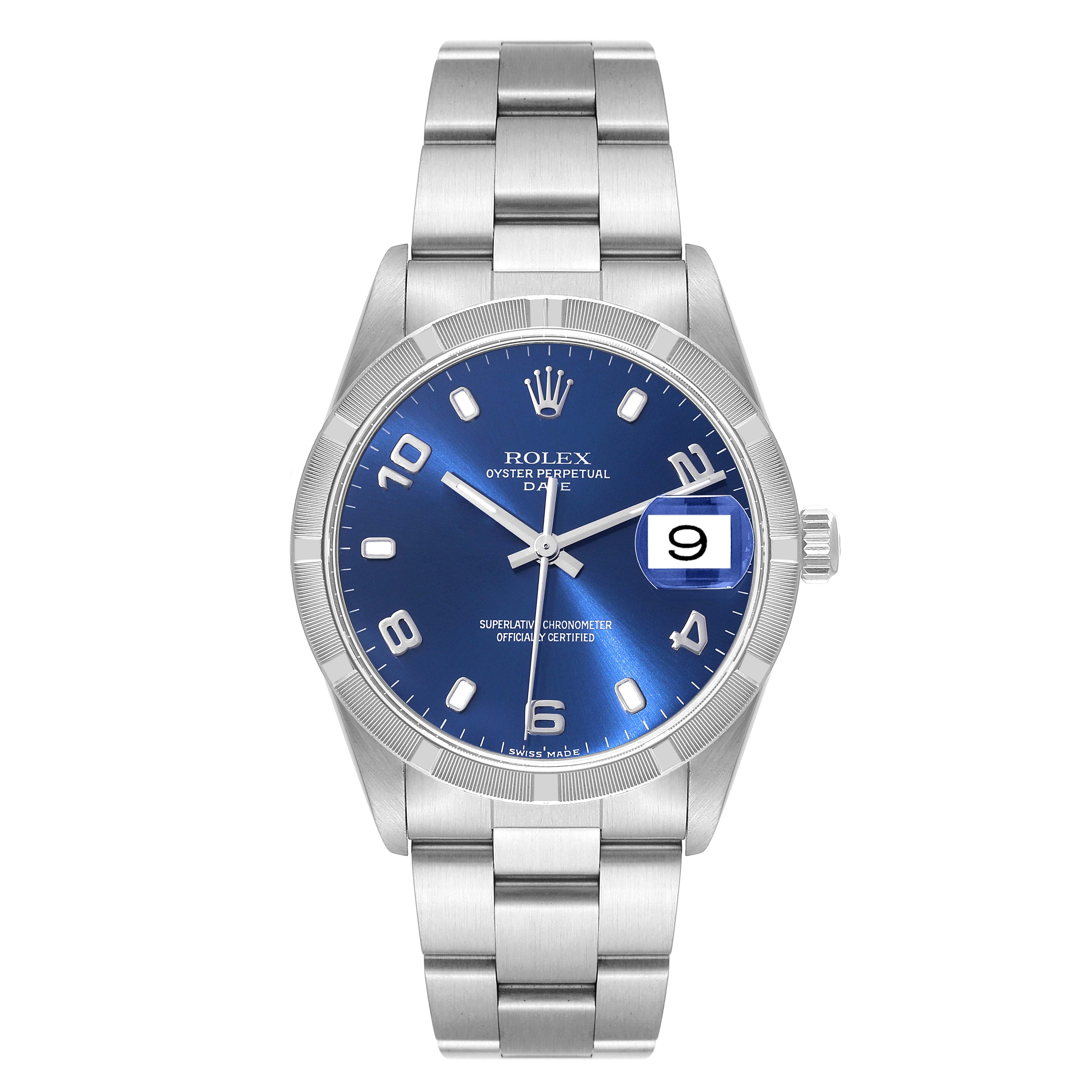 The image shows a front view of a Rolex Oyster Perpetual Date watch with a blue dial and a metal bracelet.