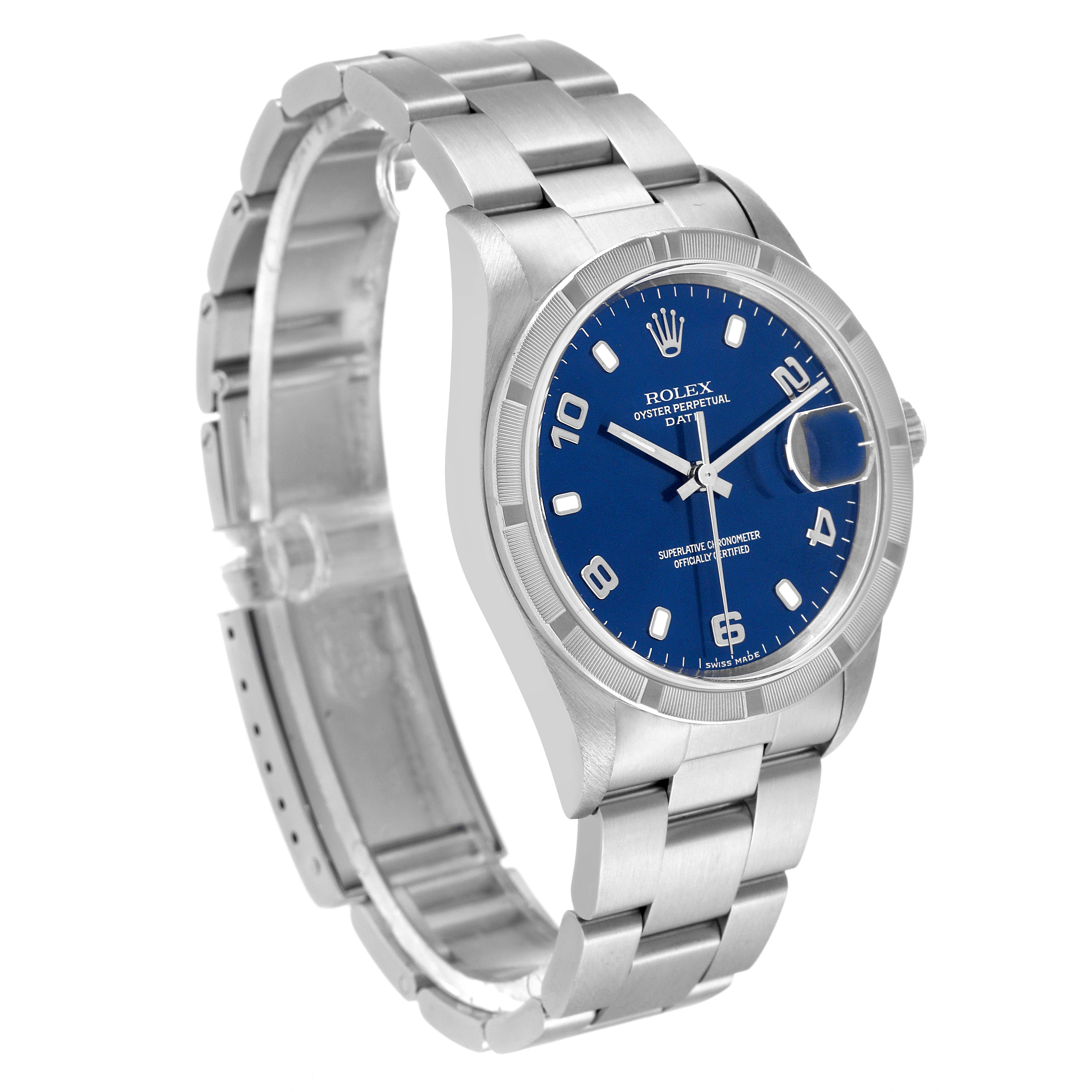 The Rolex Date 15210 Men's Stainless Steel Blue Dial 15210 Men's Stainless Steel Blue Dial model watch is shown at an angle displaying the face, bezel, crown, lugs, and bracelet.