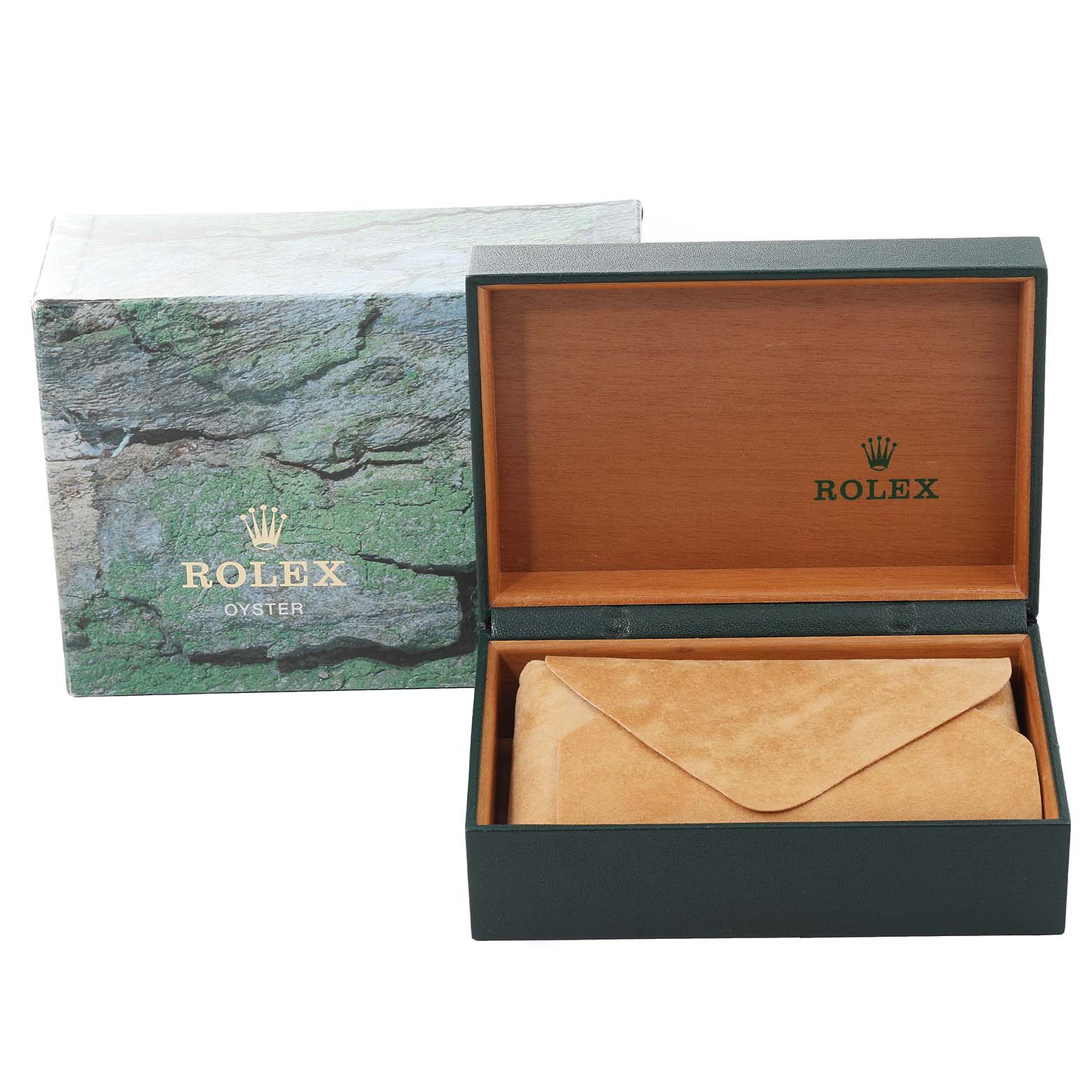 The image shows an open Rolex Date 15210 Men's Stainless Steel Blue Dial 15210 Men's Stainless Steel Blue Dial model watch box with its outer packaging and a suede pouch inside.