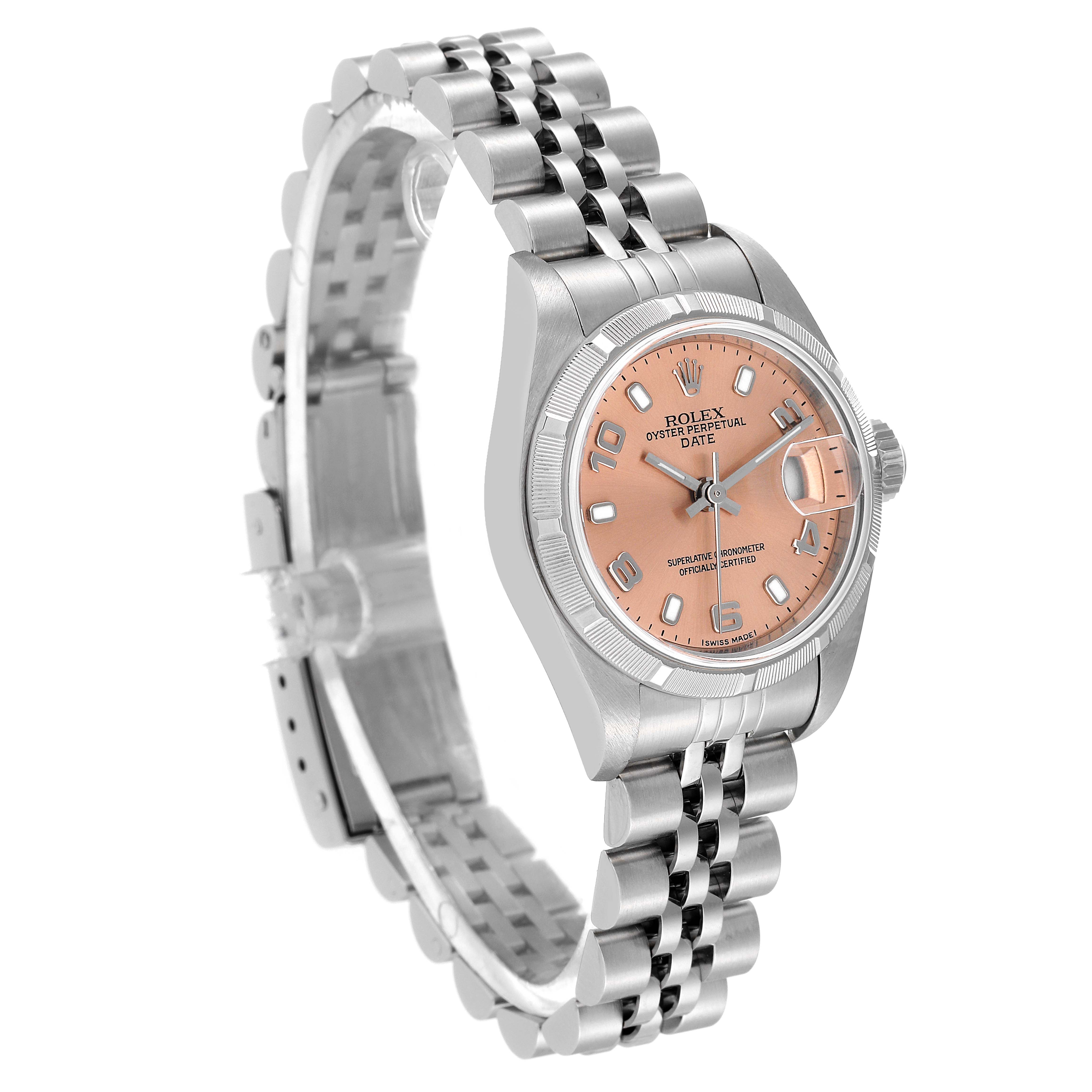 This image shows a Rolex Date 79190 Women's Stainless Steel Pink Dial 79190 Women's Stainless Steel Pink Dial watch model at a three-quarter angle, highlighting the bracelet, dial, and crown.