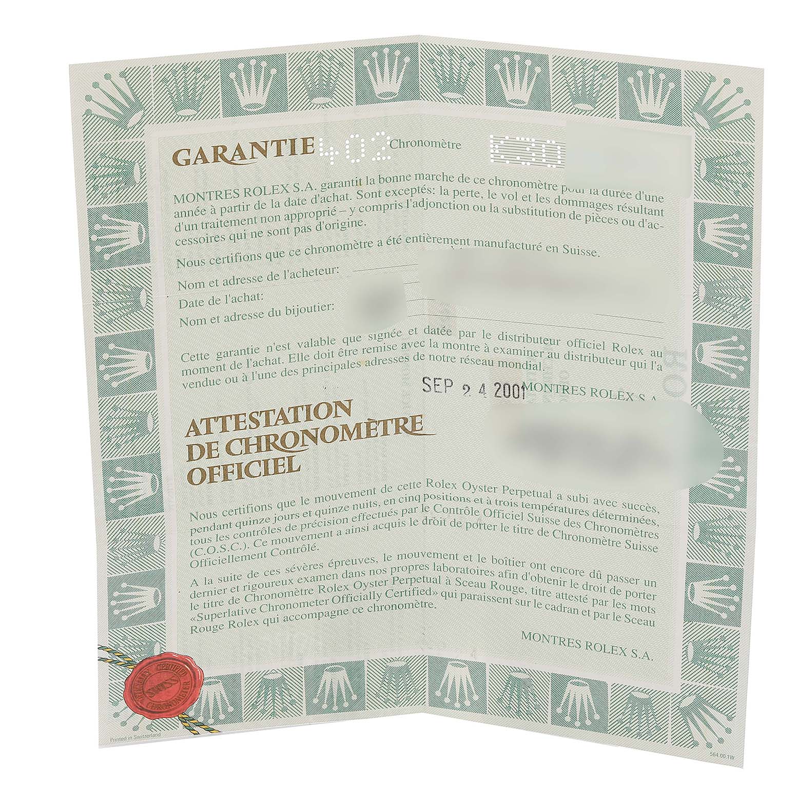 The image shows a warranty certificate for a Rolex Date 79190 Women's Stainless Steel Pink Dial 79190 Women's Stainless Steel Pink Dial model, angled slightly open with visible text and Rolex logos.