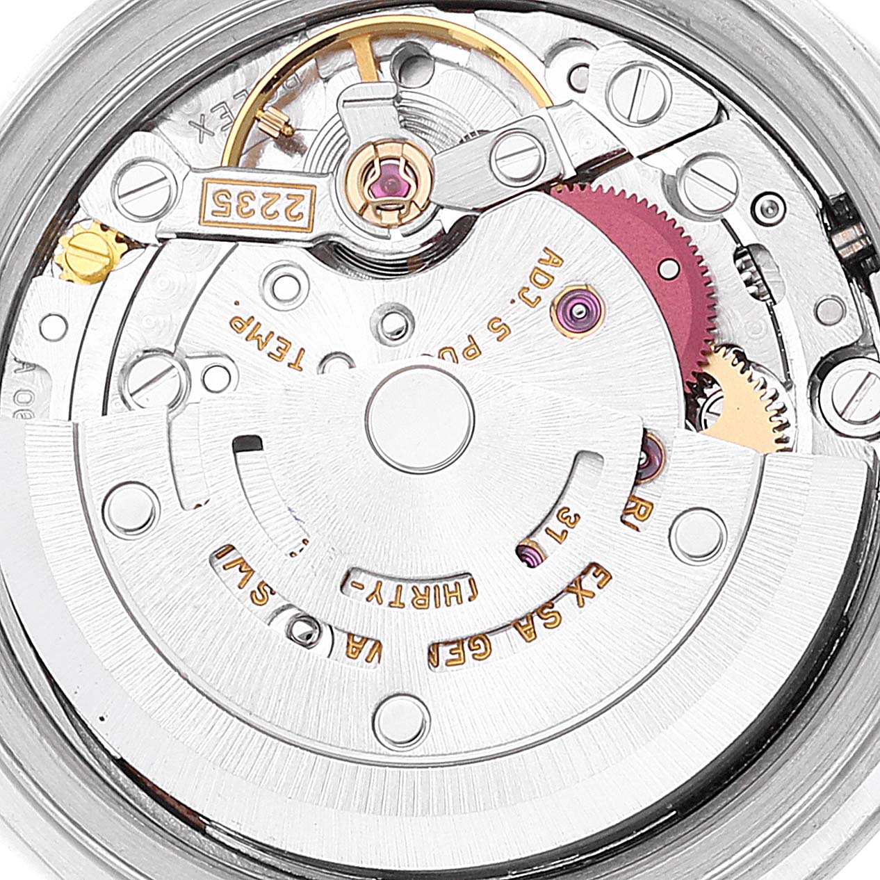 This image shows the internal movement mechanism of a Rolex Date 79190 Women's Stainless Steel Pink Dial 79190 Women's Stainless Steel Pink Dial model watch from a top-down angle.