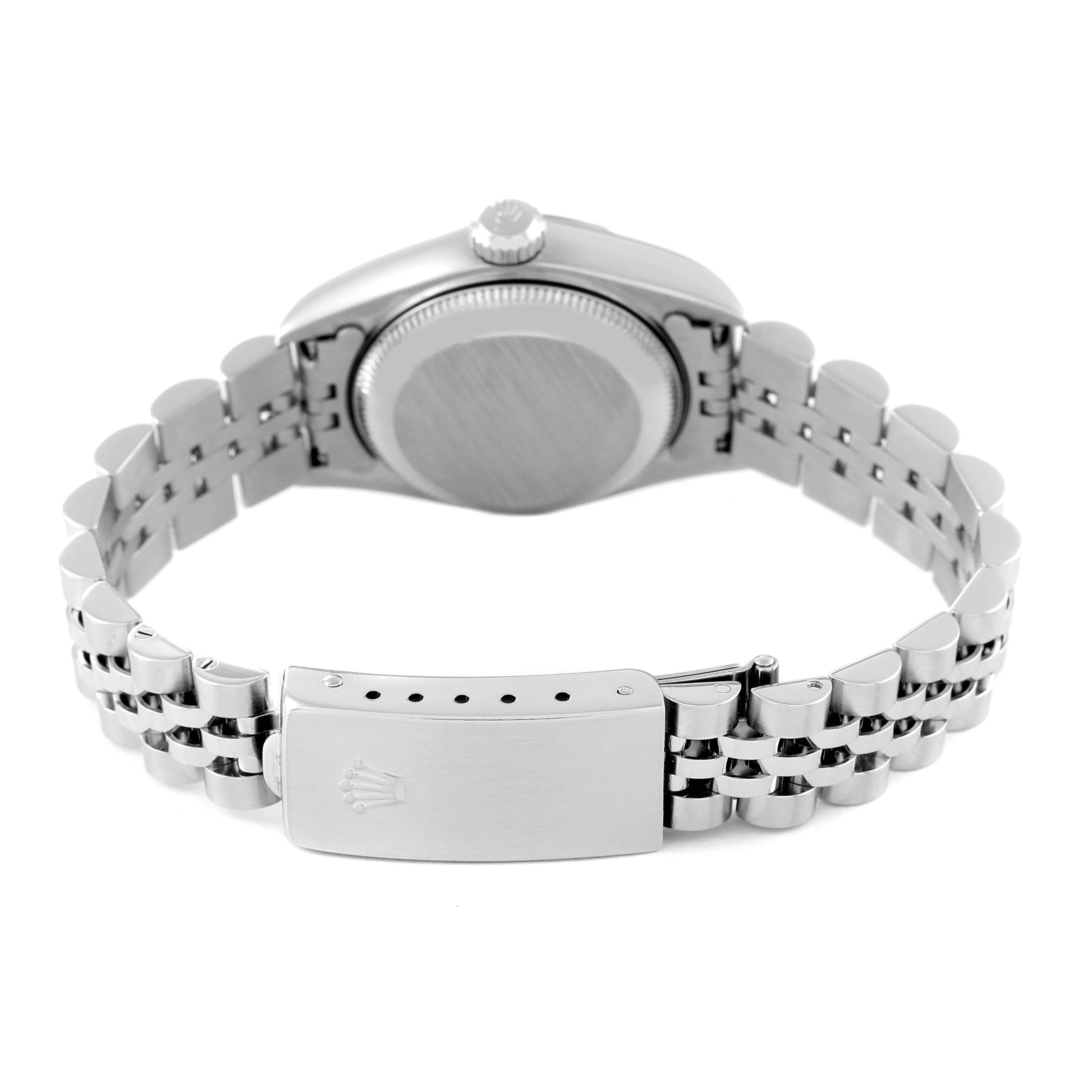 The image shows the back of a Rolex Date 79190 Women's Stainless Steel Pink Dial 79190 Women's Stainless Steel Pink Dial watch, highlighting the clasp and bracelet.