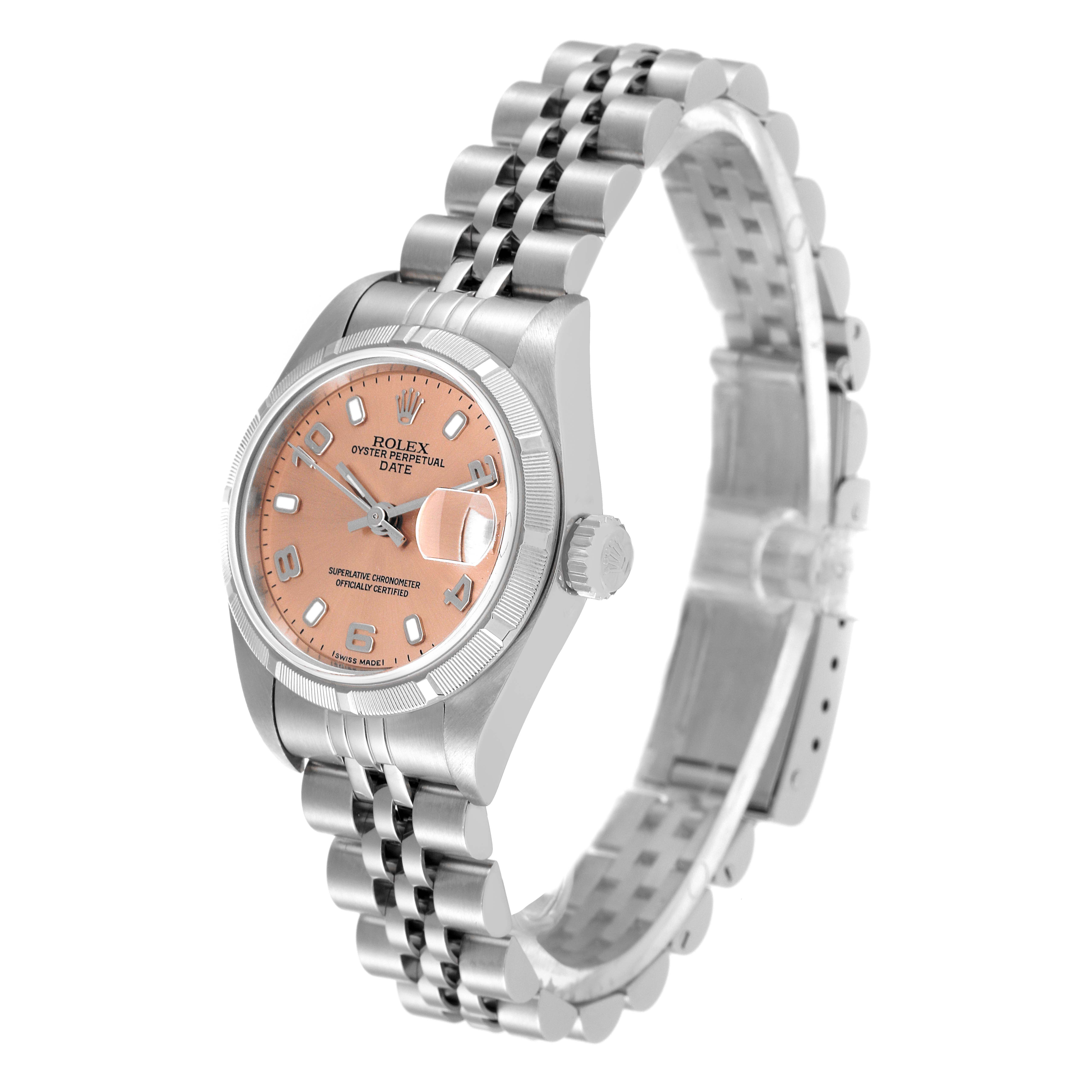 This image shows a Rolex Date 79190 Women's Stainless Steel Pink Dial 79190 Women's Stainless Steel Pink Dial watch angled slightly to display the dial, bezel, crown, and bracelet.