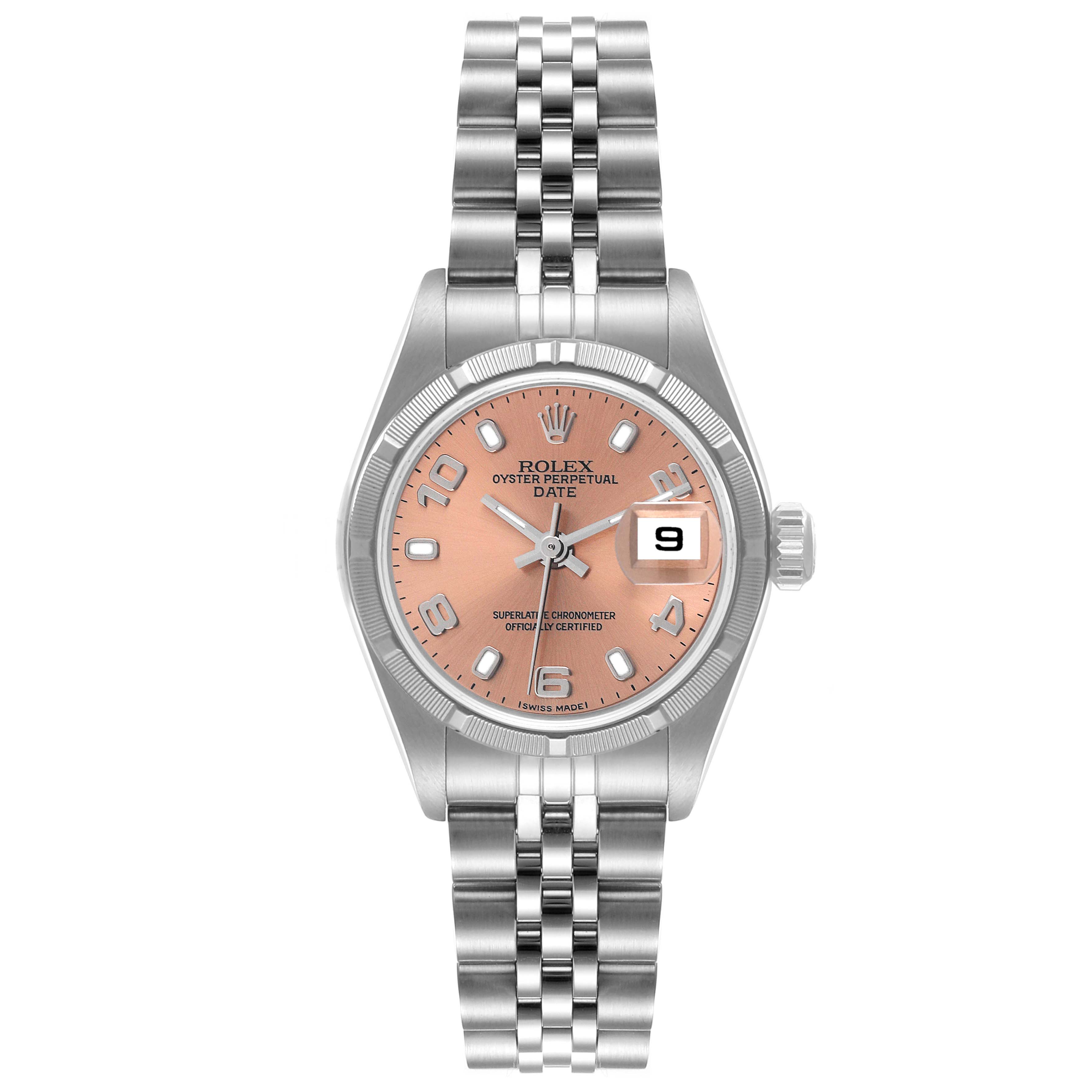 This image shows the Rolex Date 79190 Women's Stainless Steel Pink Dial 79190 Women's Stainless Steel Pink Dial model watch from a front angle, displaying the face, case, and bracelet.
