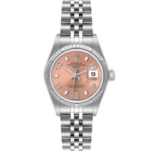 This image shows a frontal view of the Rolex Date 79190 Women's Stainless Steel Pink Dial 79190 Women's Stainless Steel Pink Dial model watch, displaying its dial, hands, date window, and bracelet.