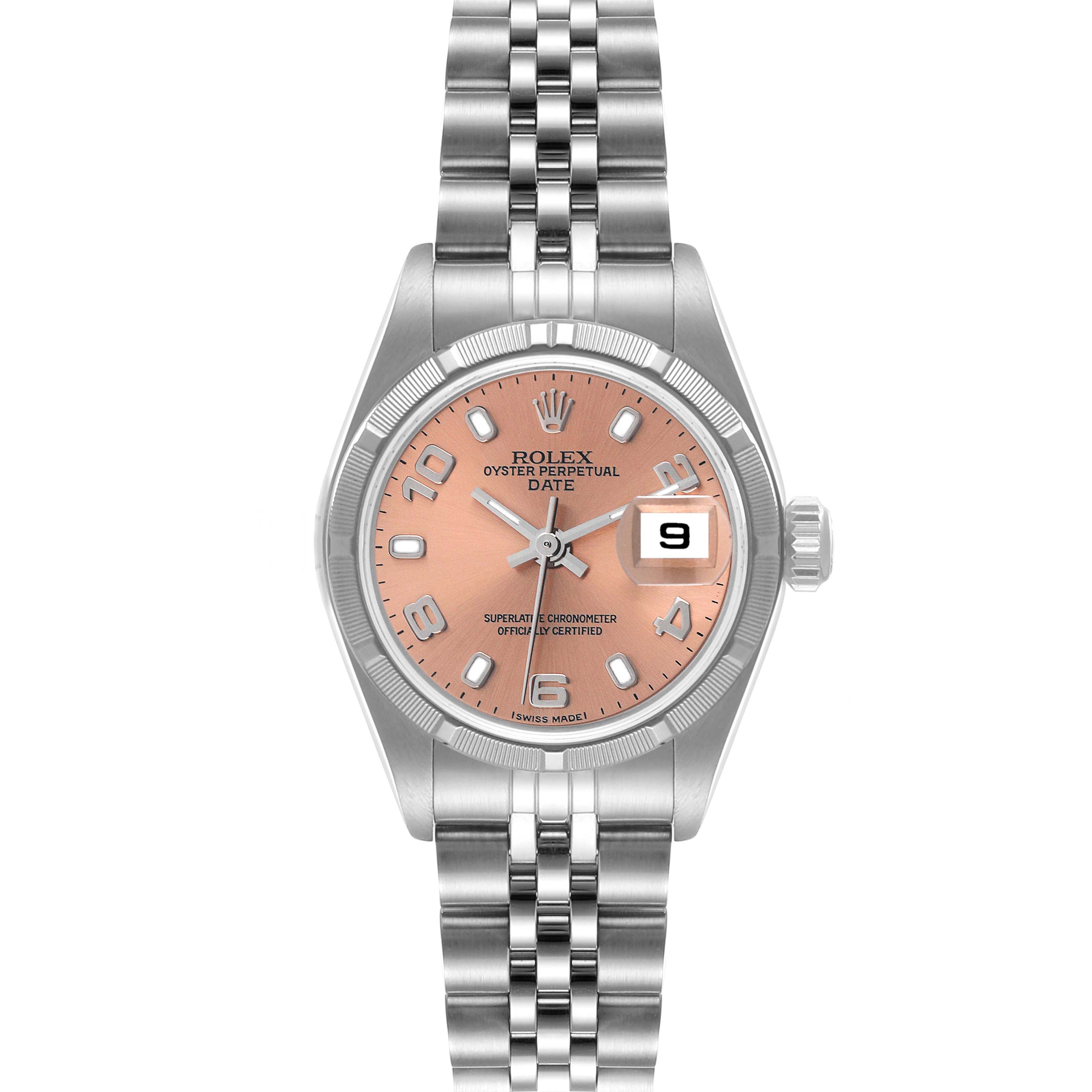 The Rolex Date 79190 Women's Stainless Steel Pink Dial 79190 Women's Stainless Steel Pink Dial model watch is shown from a straight-on angle, displaying the full dial, bracelet, and date window.