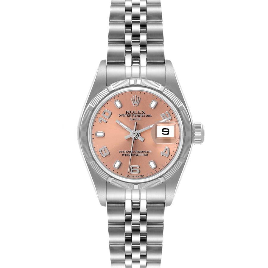 The Rolex Date 79190 Women's Stainless Steel Pink Dial 79190 Women's Stainless Steel Pink Dial model watch is shown from a straight-on angle, displaying the full dial, bracelet, and date window.