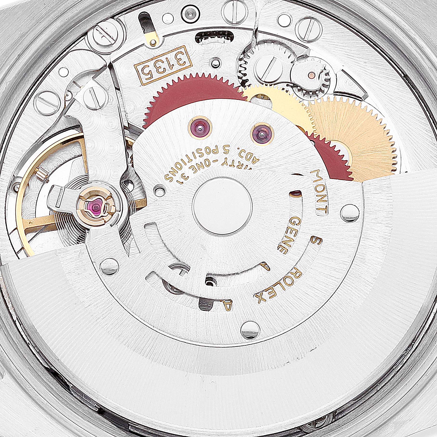 This image shows a close-up view of the internal mechanism of the Rolex Date 15210 Men's Stainless Steel Silver Dial 15210 Men's Stainless Steel Silver Dial model watch.