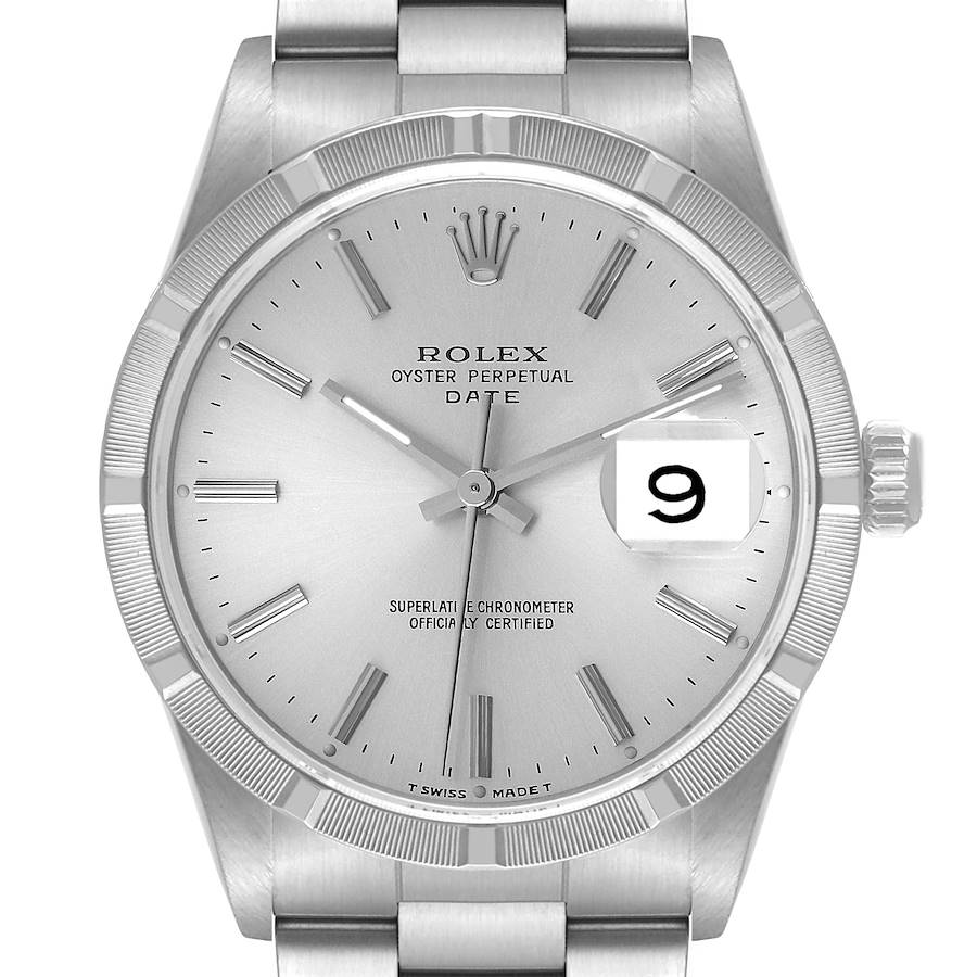 This image shows a close-up, front view of the Rolex Oyster Perpetual Date watch, highlighting the dial, hands, and date window.