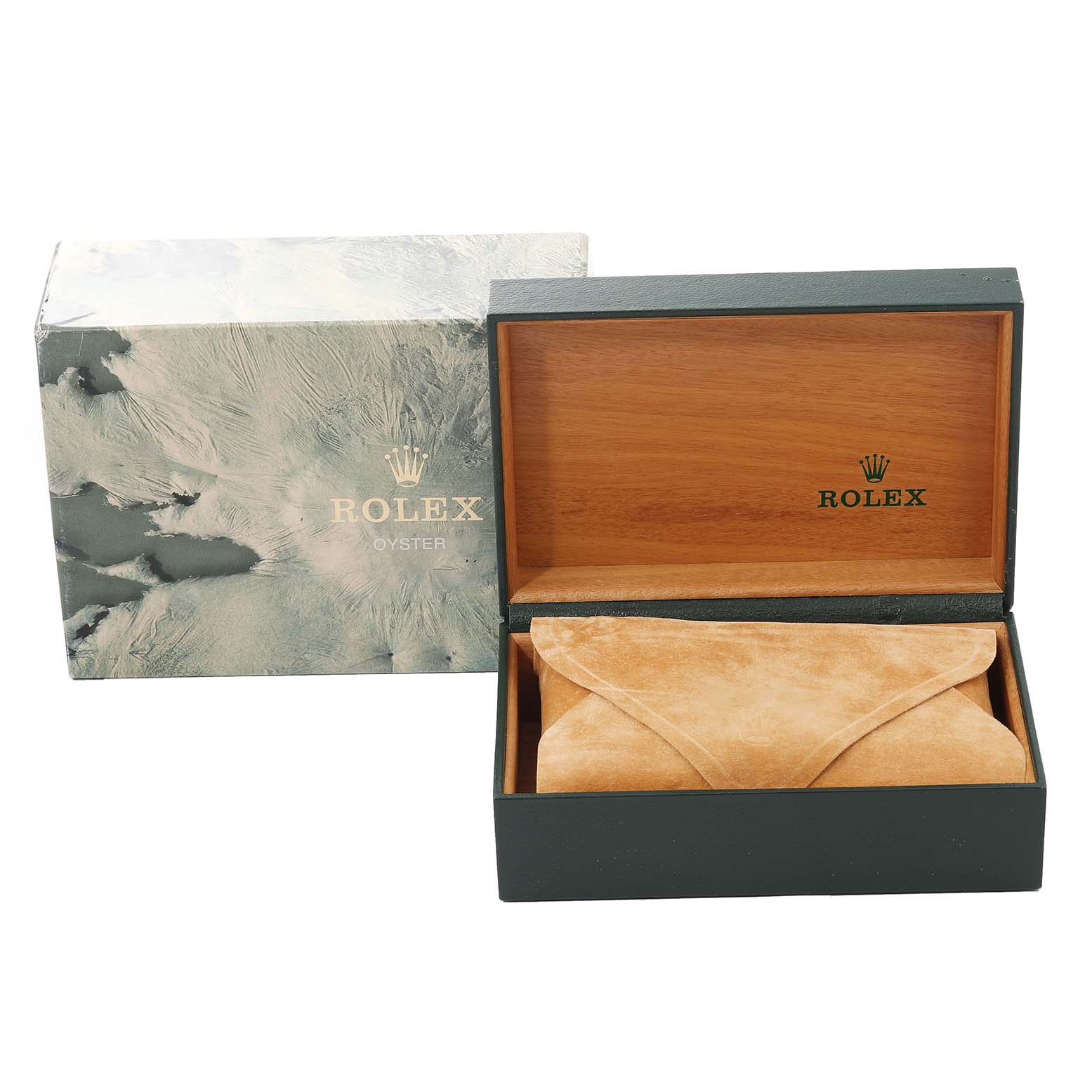 The image shows a Rolex Date 15210 Men's Stainless Steel Silver Dial 15210 Men's Stainless Steel Silver Dial model box, with an outer sleeve, wooden inner box, and suede watch pouch.