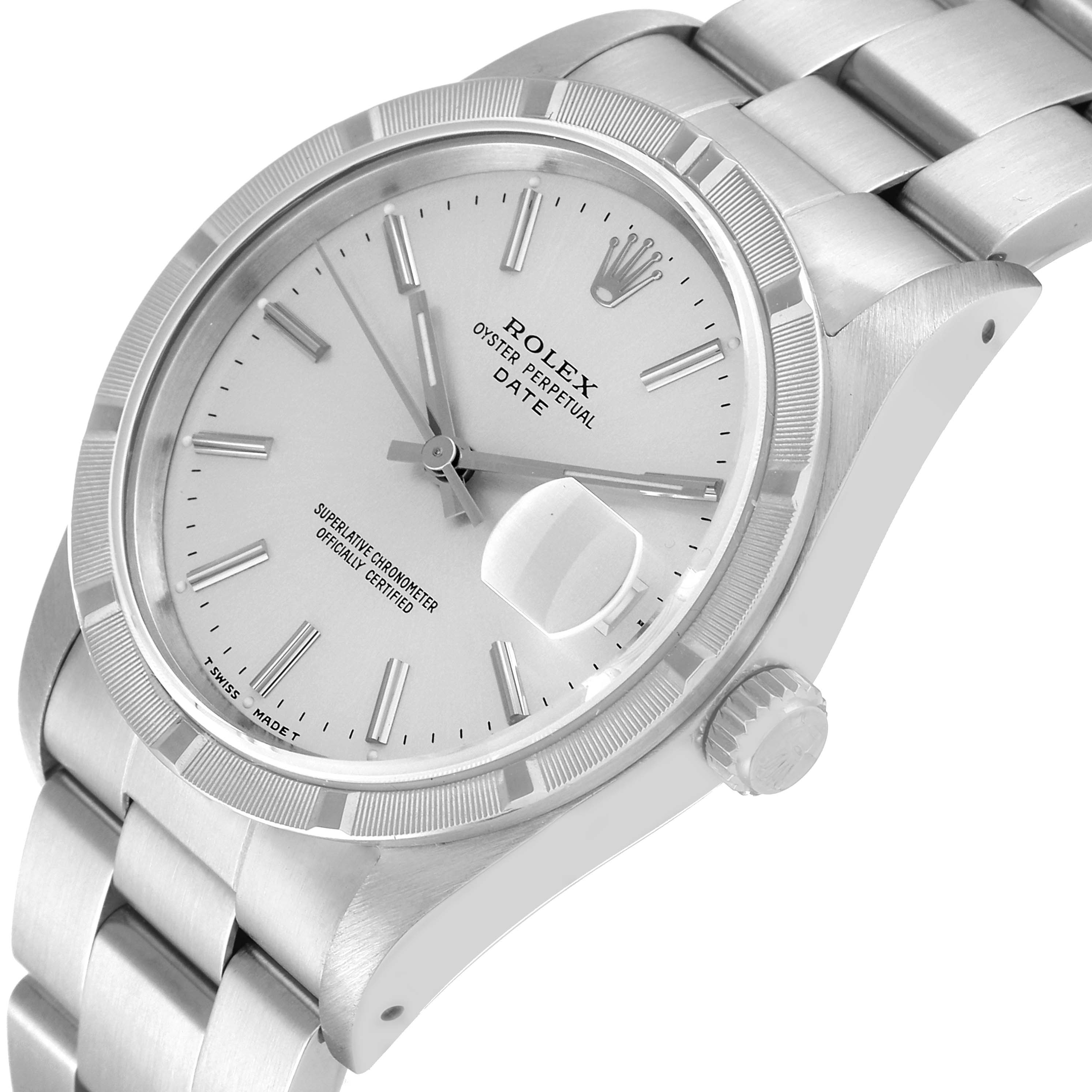 This image shows a Rolex Date 15210 Men's Stainless Steel Silver Dial 15210 Men's Stainless Steel Silver Dial model watch from an angled view, focusing on the face, bezel, bracelet, and crown.