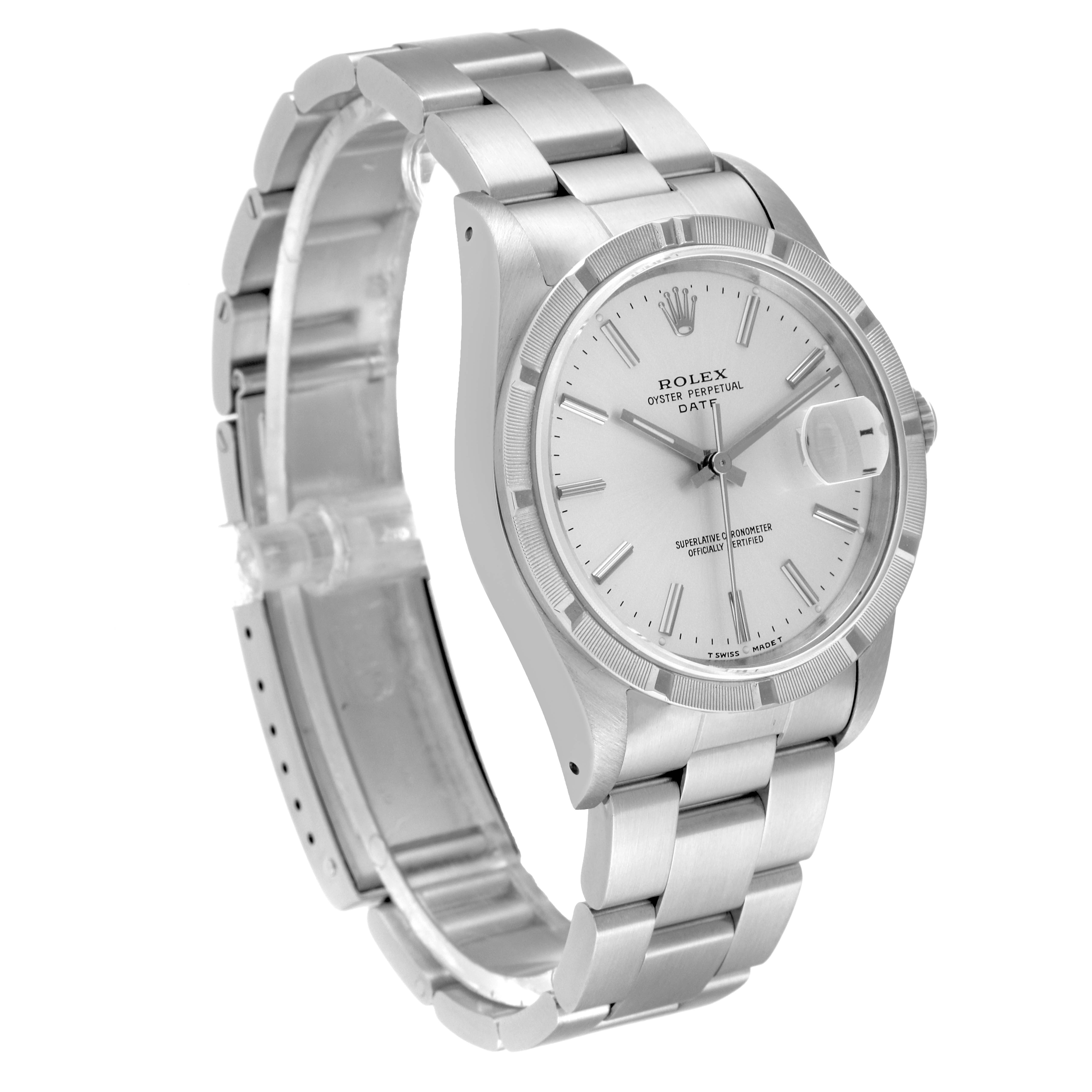 This image shows a Rolex Date 15210 Men's Stainless Steel Silver Dial 15210 Men's Stainless Steel Silver Dial model watch from an angled side view, highlighting the dial, bracelet, and partial clasp.