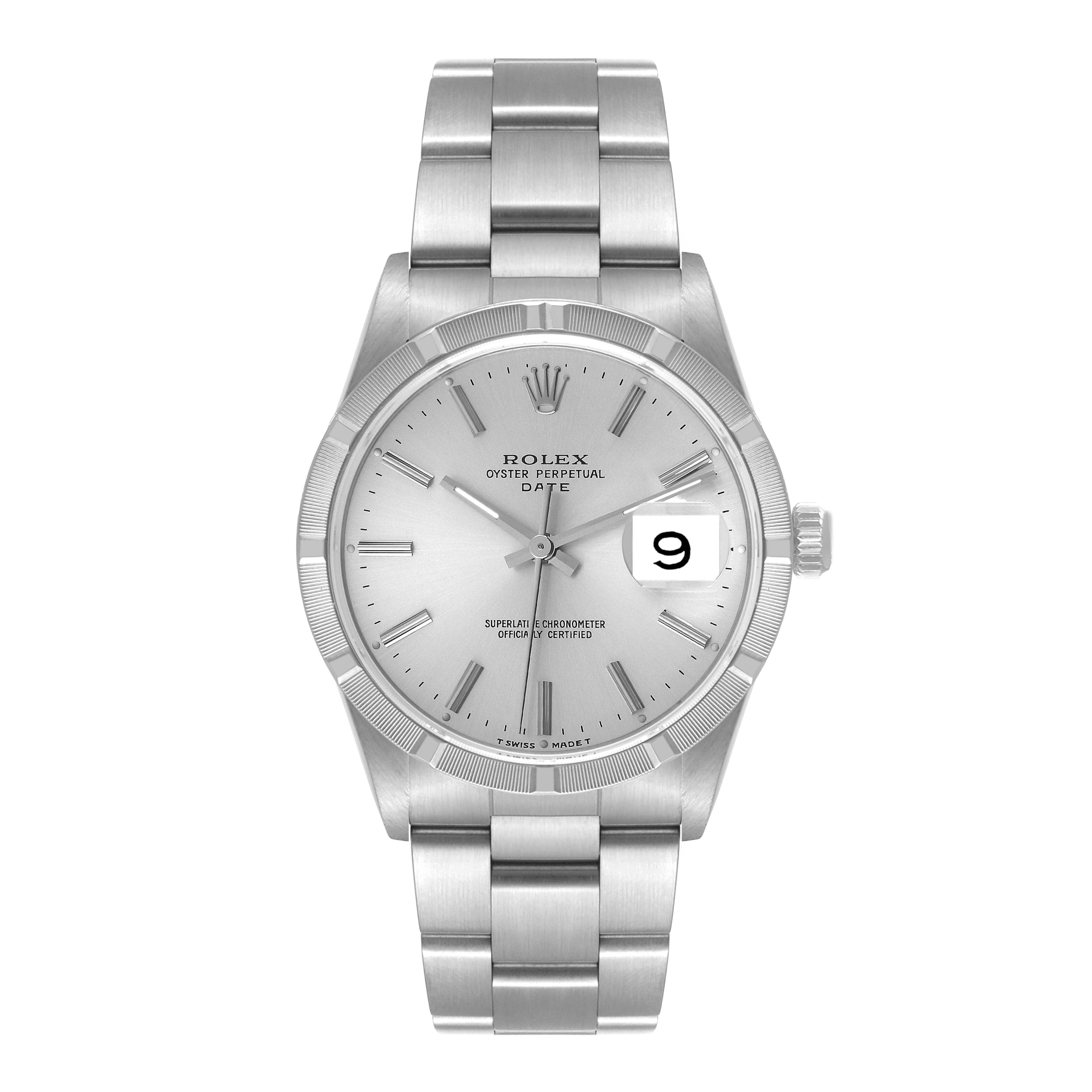 The image displays a Rolex Date 15210 Men's Stainless Steel Silver Dial 15210 Men's Stainless Steel Silver Dial model watch from a front angle, showcasing the dial, hands, date window, and bracelet.