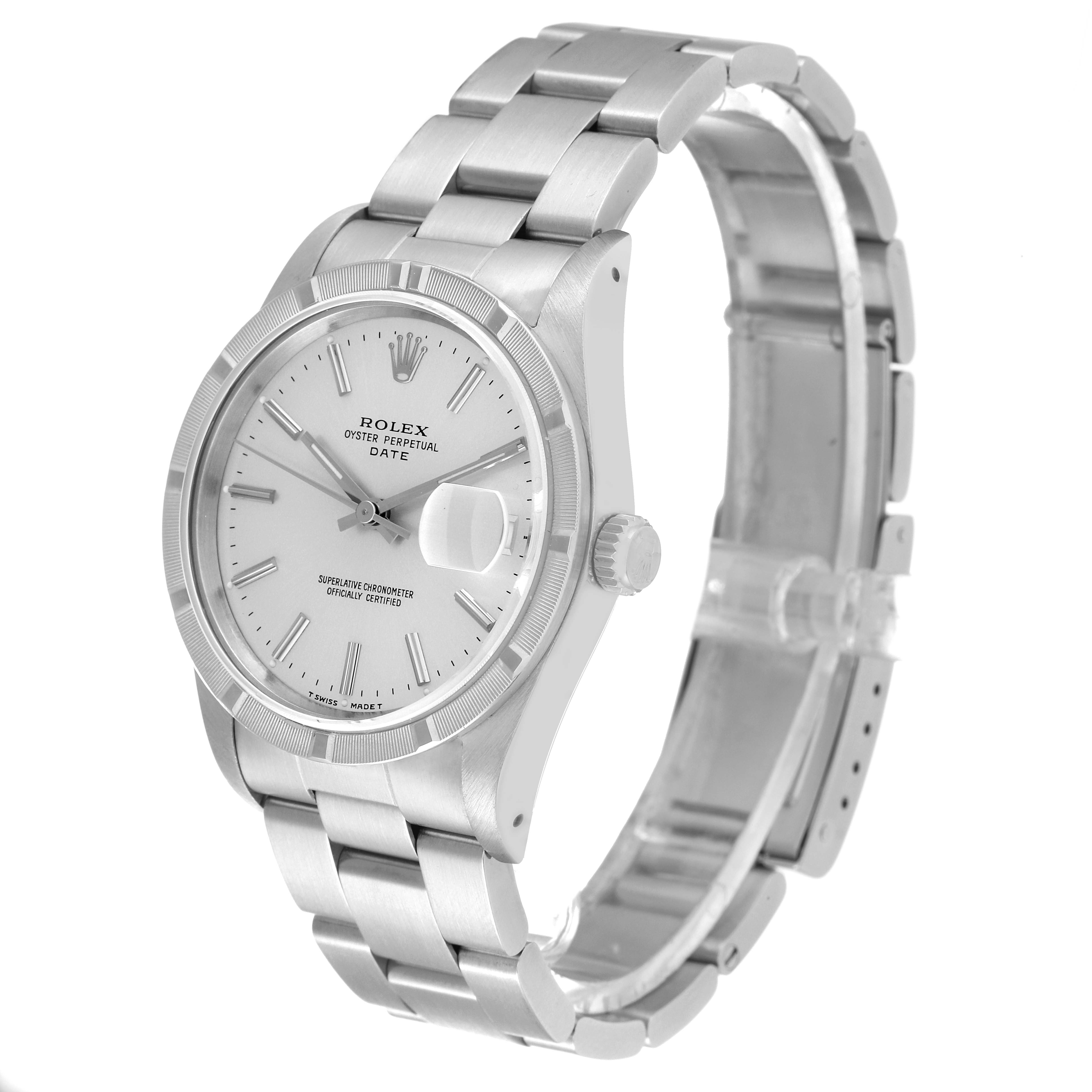 The image shows a stainless steel Rolex Date 15210 Men's Stainless Steel Silver Dial 15210 Men's Stainless Steel Silver Dial model watch at a three-quarter angle, highlighting the face, bezel, and bracelet.