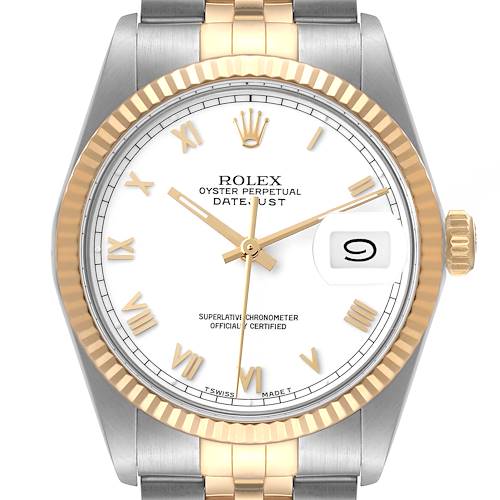 The image shows a front view of the Rolex Vintage Collection 16013 Men's Steel and Gold (two tone) White Dial 16013 Men's Steel and Gold (two tone) White Dial Oyster Perpetual Datejust watch, highlighting its face, bezel, and part of the bracelet.