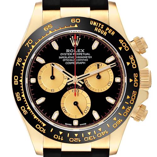 The image shows a front view of a Rolex Daytona 116518LN Men's Yellow Gold Black Dial 116518LN Men's Yellow Gold Black Dial watch, highlighting its dial, bezel, and chronograph sub-dials.