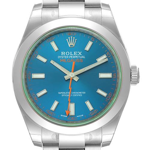 This image shows a front view of the Rolex Milgauss 116400GV Men's Stainless Steel Blue Dial 116400GV Men's Stainless Steel Blue Dial watch, displaying its blue dial, hour markers, hands, and bracelet.