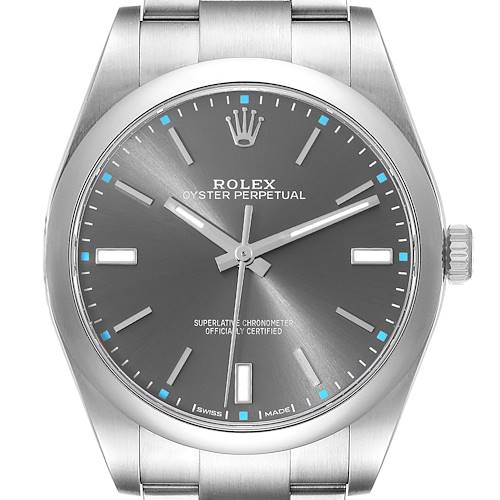 The image shows a front view of the Rolex Oyster Perpetual 114300 Men's Stainless Steel Grey Dial 114300 Men's Stainless Steel Grey Dial watch, highlighting its dial, hands, crown, and bracelet.