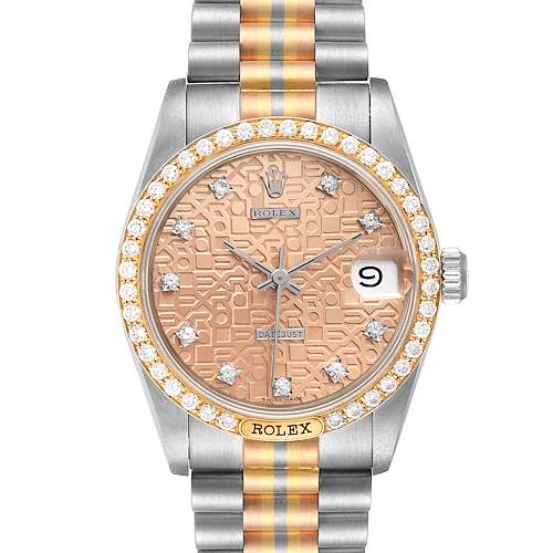 The image shows a front view of a Rolex Mid-Size 68149 Women's White Gold Brown Dial 68149 Women's White Gold Brown Dial Datejust, highlighting the watch face, bezel, and bracelet.