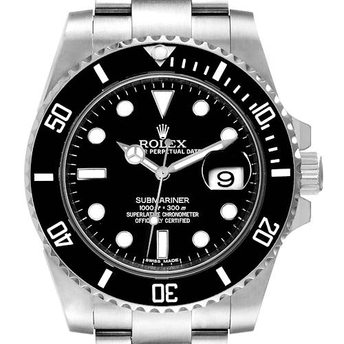 This image shows a front view of the Rolex Submariner 116610 Men's Stainless Steel Black Dial 116610 Men's Stainless Steel Black Dial watch, highlighting its black dial, date window, and rotating bezel.