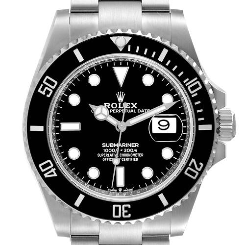 The image shows a front view of the Rolex Submariner 126610 Men's Stainless Steel Black Dial 126610 Men's Stainless Steel Black Dial, featuring its dial, bezel, crown, and part of the bracelet.