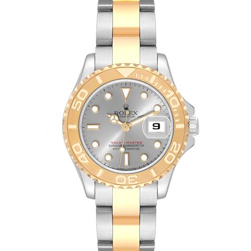 The image shows a Rolex Yacht-Master 69623 Women's Steel and Gold (two tone) Grey Dial 69623 Women's Steel and Gold (two tone) Grey Dial watch from a top-down angle, highlighting its dial, bezel, and bracelet.
