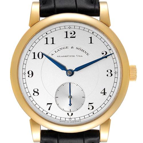 The image shows a frontal view of the A. Lange & Sohne 1815 233.021 Men's Yellow Gold Silver Dial watch, highlighting its face, hands, and black leather strap.