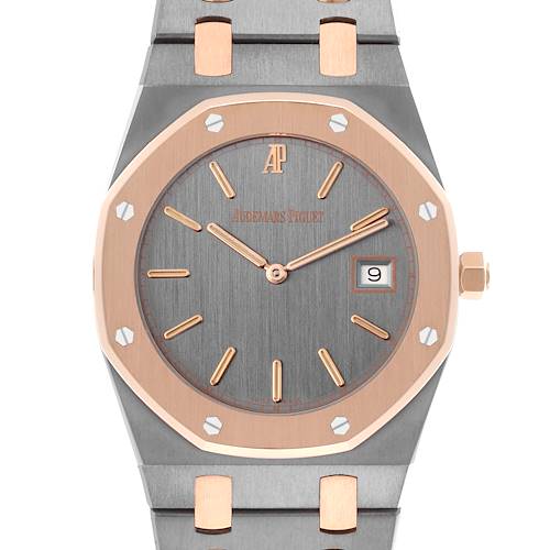 This is a front view of the Audemars Piguet Royal Oak 56175TR-OO-0789TR-01 Men's Rose Gold Grey Dial 56175TR-OO-0789TR-01 Men's Rose Gold Grey Dial, showing the dial, bezel, and bracelet links.