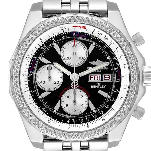 The Bentley model by Breitling is shown from the front, highlighting the dial, bezel, and part of the bracelet.