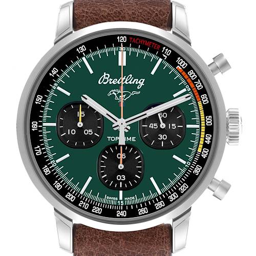 The Breitling Premier A25310 Men's Stainless Steel Green Dial A25310 Men's Stainless Steel Green Dial watch is shown from the front, displaying the dial, sub-dials, tachymeter, and crown.