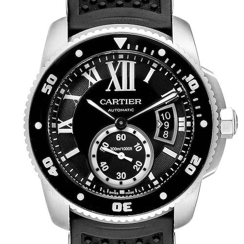The image shows a front view of the Calibre de Cartier model by Cartier, highlighting the dial, bezel, crown, and strap.