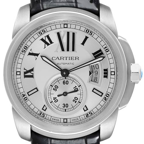 The Calibre de Cartier watch is shown from the front, displaying the dial, hands, and date window clearly.