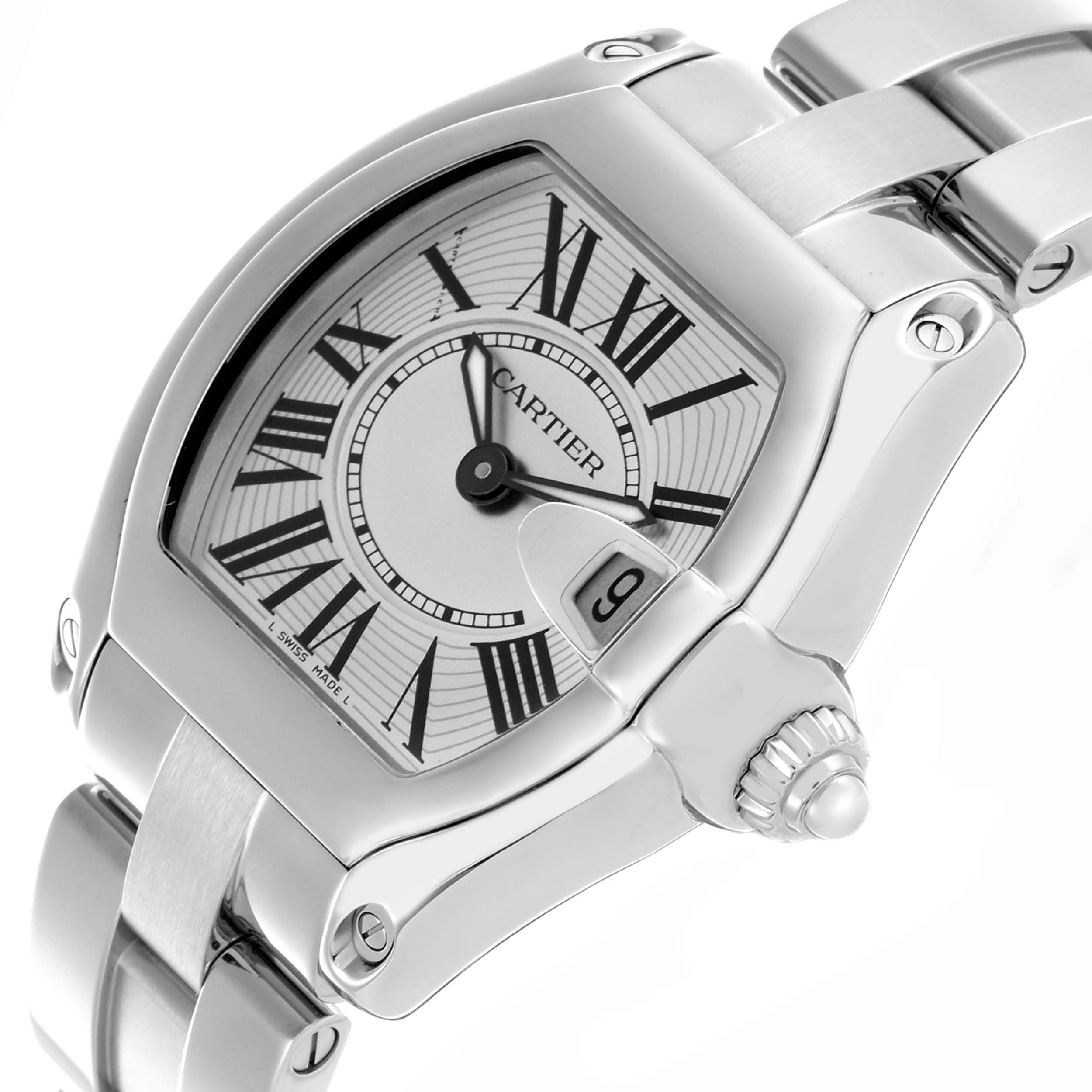 The Cartier Roadster W62016V3 Women's Stainless Steel Silver Dial W62016V3 Women's Stainless Steel Silver Dial watch is shown at a tilted close-up angle, featuring the face, crown, and part of the bracelet.