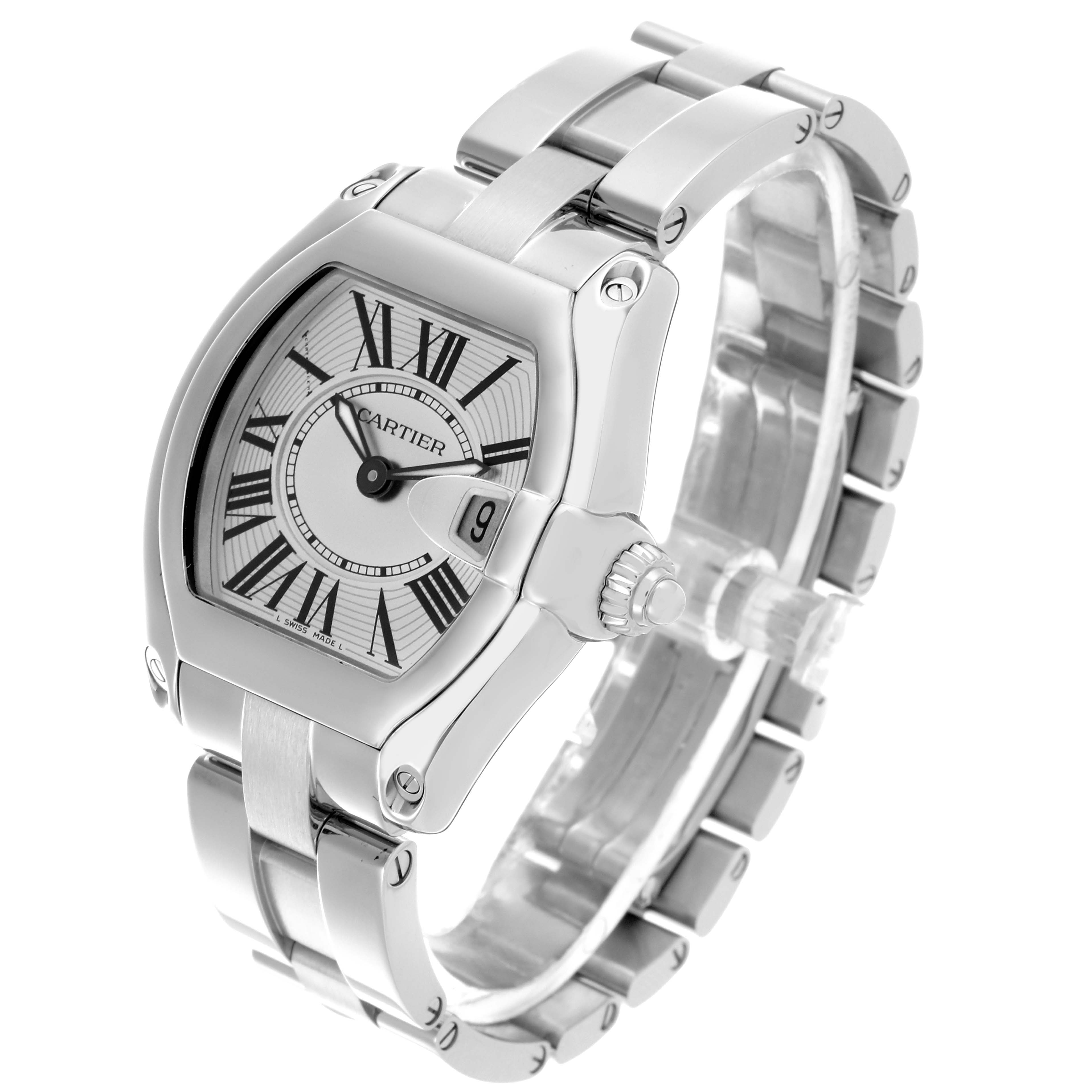 The Cartier Roadster W62016V3 Women's Stainless Steel Silver Dial W62016V3 Women's Stainless Steel Silver Dial watch is shown from a three-quarter angle, displaying the dial, case, bracelet, and crown.
