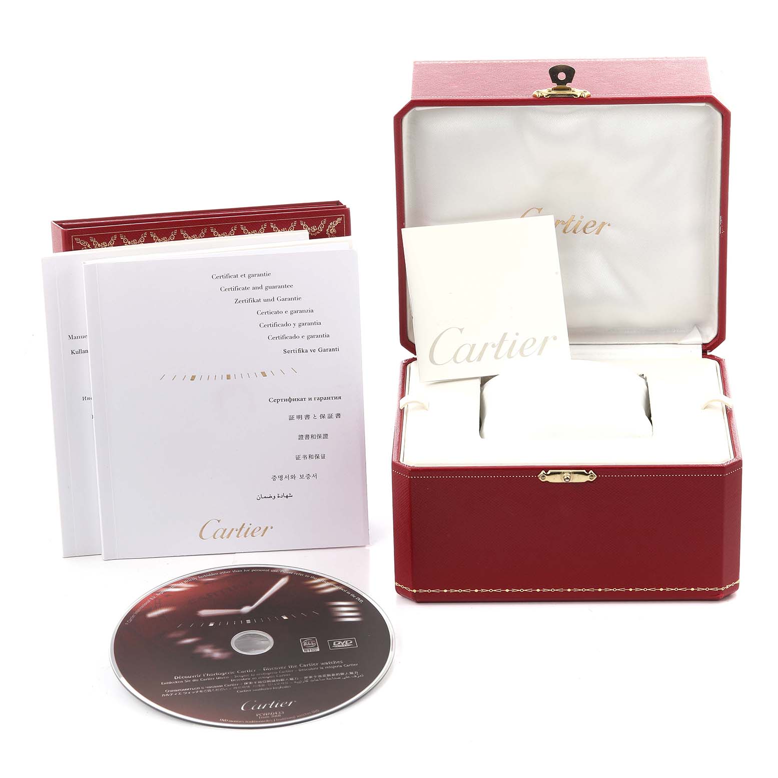 The image shows the Cartier Roadster W62016V3 Women's Stainless Steel Silver Dial W62016V3 Women's Stainless Steel Silver Dial watch packaging, including a red box, documents, and a CD, viewed from the front.