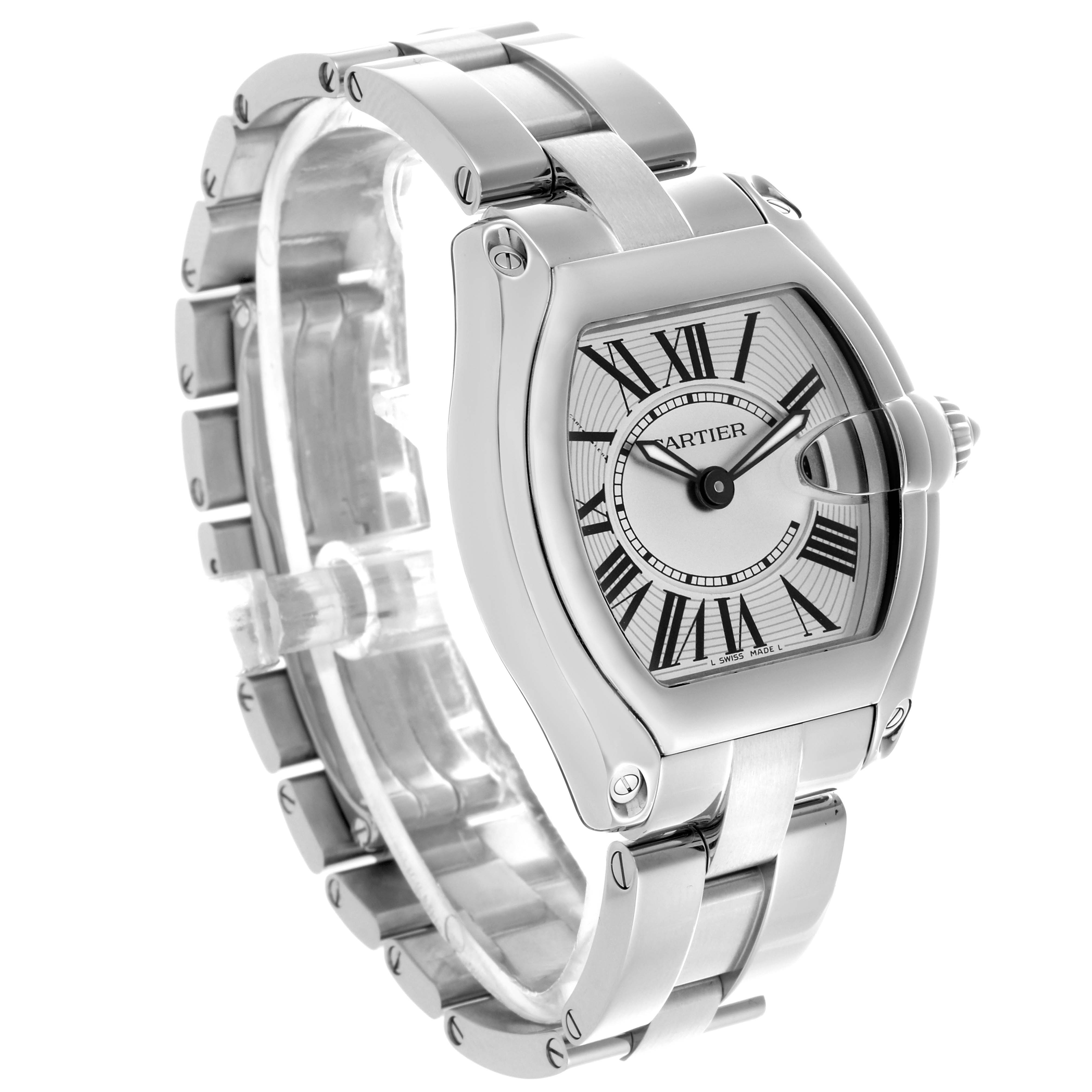 The Cartier Roadster W62016V3 Women's Stainless Steel Silver Dial W62016V3 Women's Stainless Steel Silver Dial watch is shown at a three-quarter angle, highlighting the bezel, face, and stainless steel bracelet.