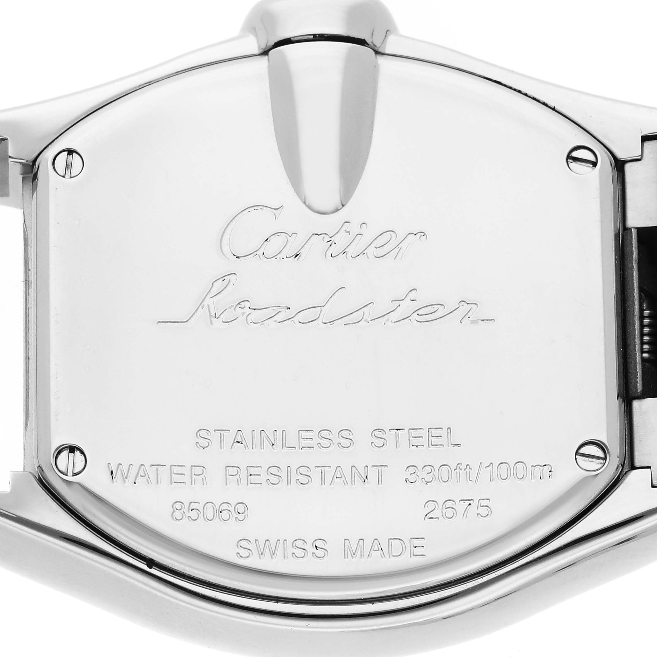 The image shows the back case of the Cartier Roadster W62016V3 Women's Stainless Steel Silver Dial W62016V3 Women's Stainless Steel Silver Dial watch, featuring brand engravings and specifications.