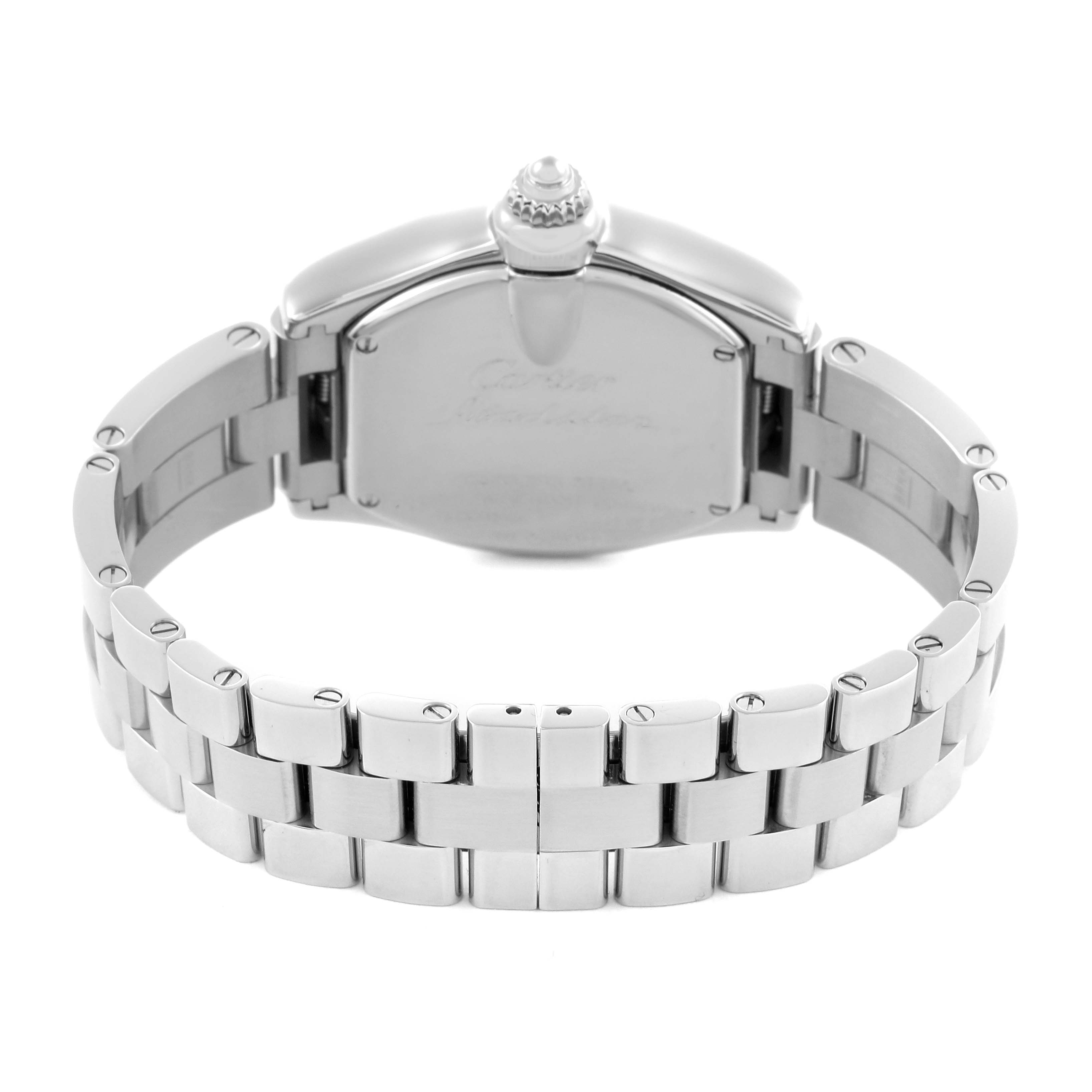 The image shows the back case and bracelet of the Cartier Roadster W62016V3 Women's Stainless Steel Silver Dial W62016V3 Women's Stainless Steel Silver Dial watch.