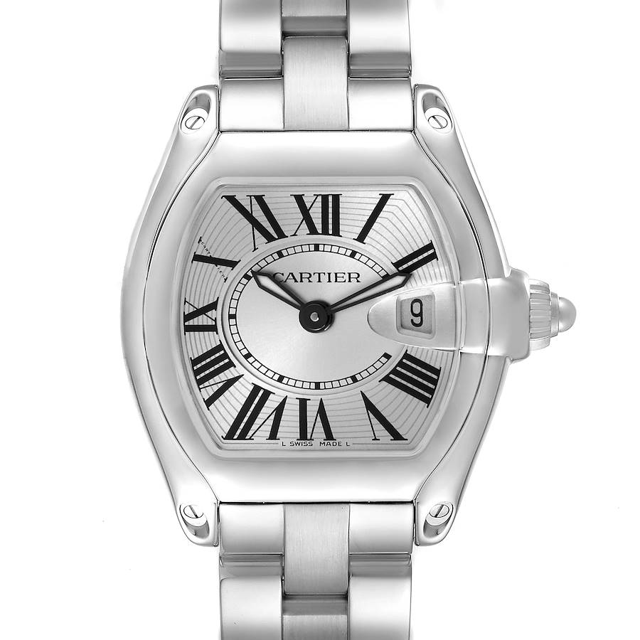 The Cartier Roadster W62016V3 Women's Stainless Steel Silver Dial W62016V3 Women's Stainless Steel Silver Dial watch is shown from the front, highlighting the dial, case, and bracelet.