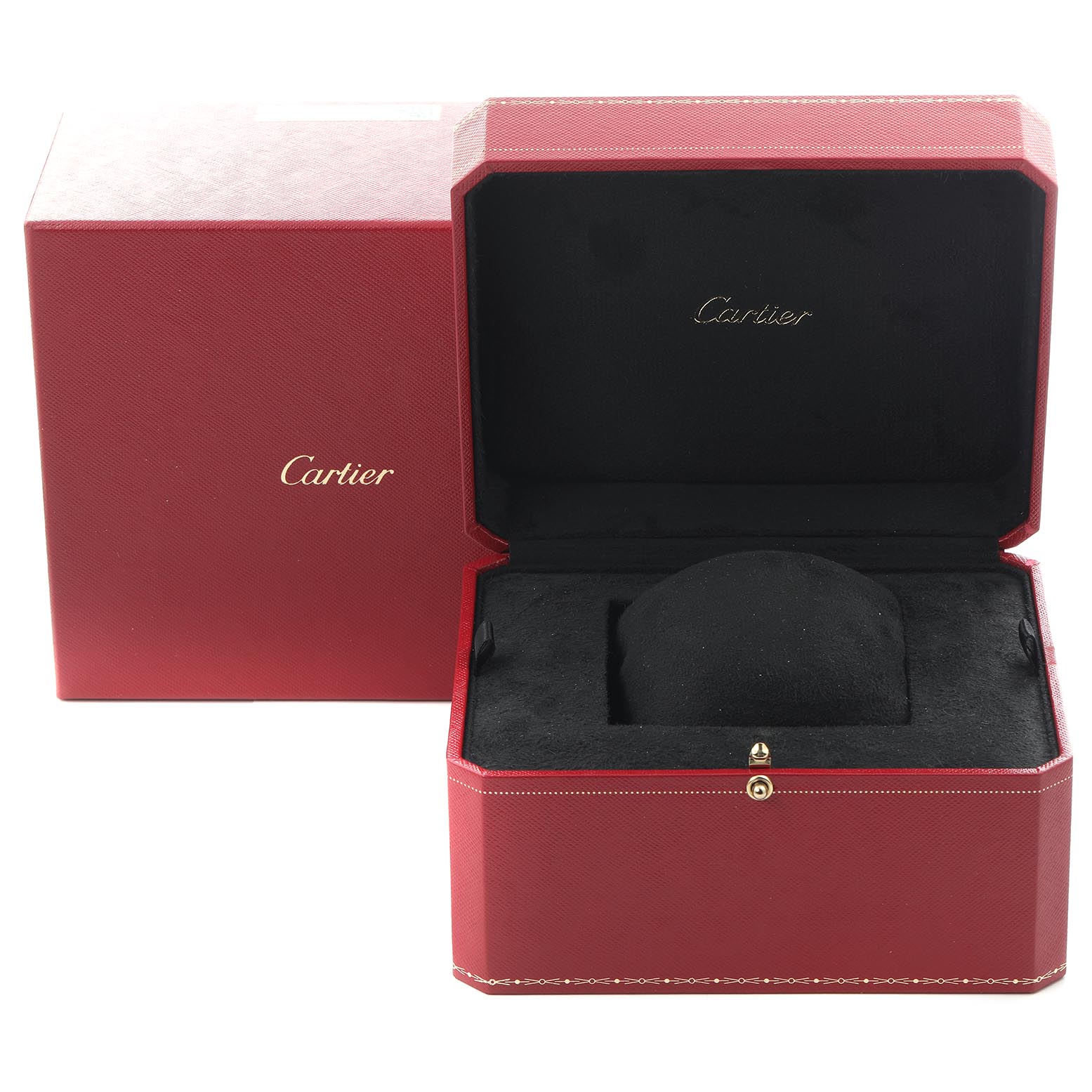 The image shows a Cartier Ronde WGRN0011 Men's Rose Gold Silver Dial WGRN0011 Men's Rose Gold Silver Dial watch box with an open lid, revealing its black interior and cushion for the watch.