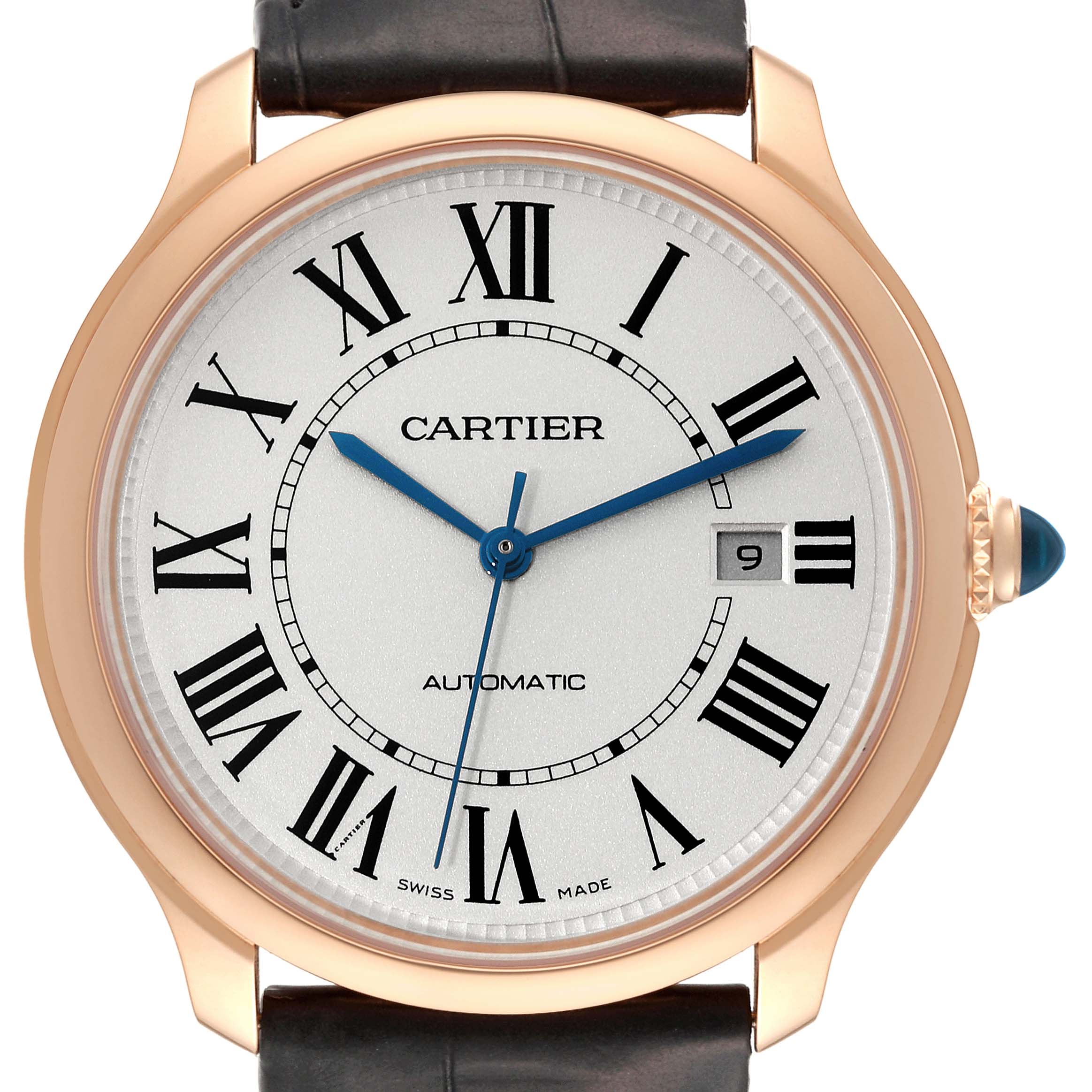 The image shows a front view of a Cartier Ronde WGRN0011 Men's Rose Gold Silver Dial WGRN0011 Men's Rose Gold Silver Dial watch, highlighting its dial, Roman numerals, date window, and black leather strap.
